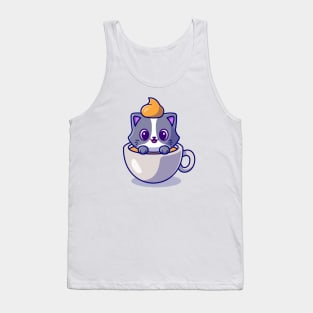 Cute Cat In Coffee Cup Cartoon Vector Icon Illustration Tank Top